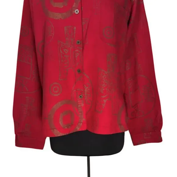 Chico’s Women’s 3 XL 16 Red Bronze Asian Symbol Faux Suede Button Up Artwear Top - Picture 6 of 9